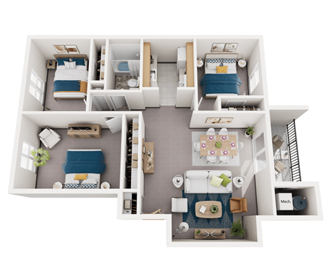 Floor plan for 3 beds, 1 bath, 1100 sqft